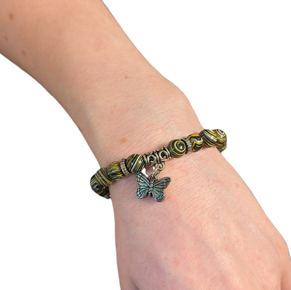 Malachite Silver Bracelet with Butterfly